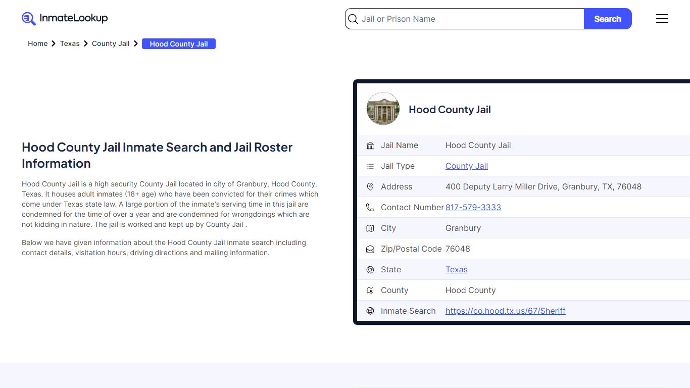 Hood County Jail Inmate Search - Granbury Texas - Inmate Lookup
